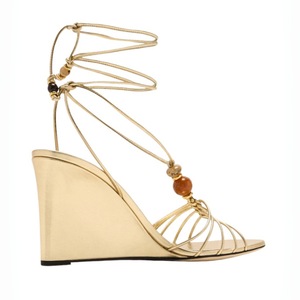Sandalias de cuña metálicas doradas para mujer al por mayor, con <span class=keywords><strong>tiras</strong></span>, cordones, pedrería, tacones altos, sexys, para fiesta de verano, zapatos de moda - Product Image 3