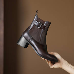 Cialisa élastique bottines pour dame 2025 automne chaussures en cuir véritable mode boucle de ceinture <span class=keywords><strong>talon</strong></span> moyen femmes bottes courtes tailles 43 - Product Image 1