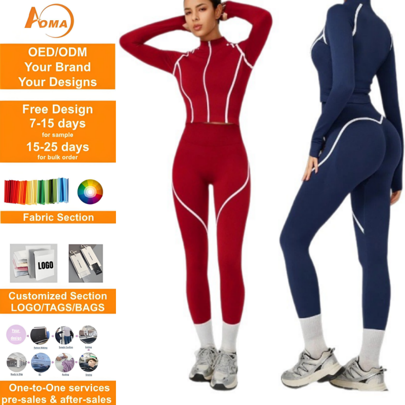 Aoyema Solid Breathable Long Sleeve Top Peach Hip Pants Set Yoga Fitness Sportswear 2-Piece Sport Wear Women Set