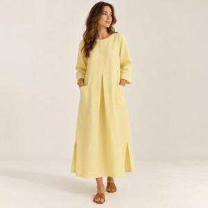 <b>Lemon</b> Yellow Solid Woven Loose Fit Maxi <b>Dress</b> for <b>Women</b> Collarless 3/4 Sleeve Pleated Front with Pockets Party Wholesale - Product Image 1