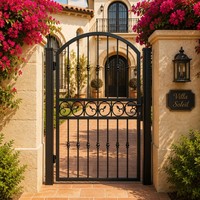 Puerta Peatonal de Hierro Forjado a Mano de Lujo LINCAI |   Puerta de Entrada Arqueada con Decoración de Voladizas para Jardín de Villa |   Resistente al Óxido