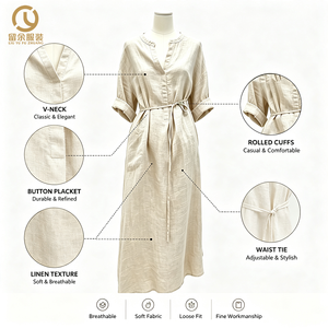 Nuovo Abito Lungo da Donna in Lino 100% Personalizzabile Stile T-shirt con Maniche a Sette Ottavi, Tinta Unita, Elegante e Casual, Collezione 2026 - Product Image 4