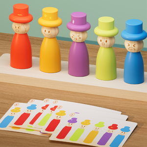 Puzzle di ordinamento Montessori per bambini piccoli, gioco in legno con 5 figure per abbinare colori e impilare, con carte con espressioni e cappelli - Product Image 1