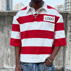 Polo T-shirt da Uomo Streetwear Rugby con Logo Personalizzato, 100% Cotone Pesante Lavorato <span class=keywords><strong>a</strong></span> Maglia, Vestibilità Ampia e Rilassata, Manica Corta <span class=keywords><strong>a</strong></span> <span class=keywords><strong>Righe</strong></span> - Product Image 1