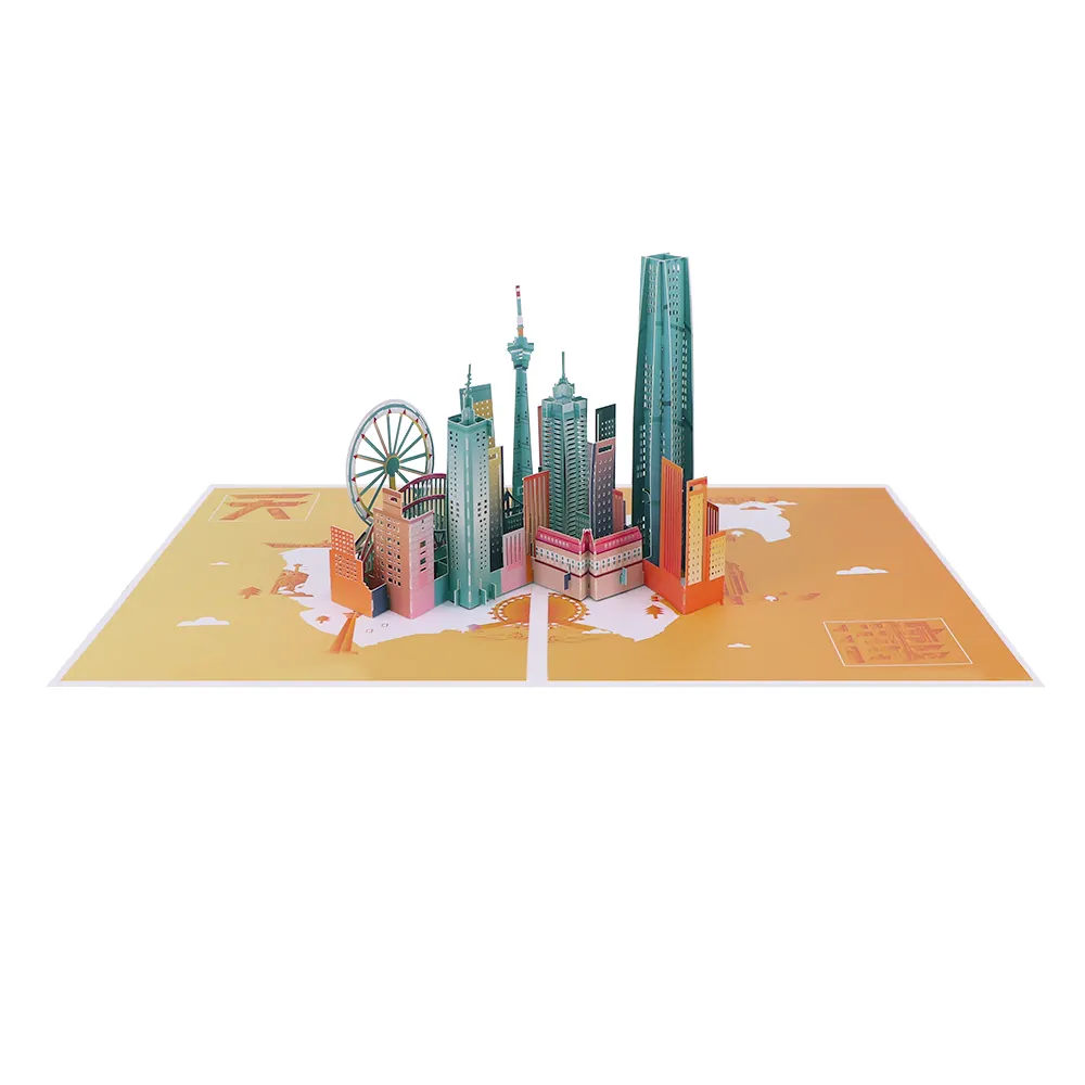 Papel de impresión personalizado para manualidades 3d, tarjeta pop-up, construcción de edificios famosos de tianjín, colección de regalo, tarjeta de felicitación