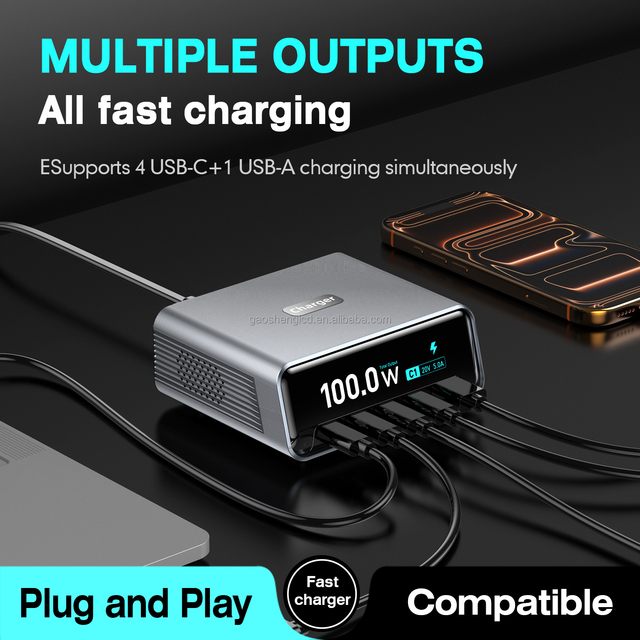 100W GaN 5-Port USB-C PD Fast Charging Station Digital Display Knob Switch Fireproof for Mobile Phone/Laptop Camera Smart Watch