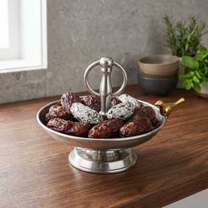 Cuenco de acero inoxidable para servir dátiles con pedestal y asa de anillo, elegante bandeja para frutas secas para decoración de mesa y hospital, ideal para Ramadán. - Product Image 2