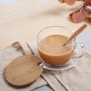 Mug à café en verre 15OZ transparent avec couvercles et cuillère en bambou, écologique, logo personnalisé pour café, thé, lait, flocons d'avoine, yaourt - Product Image 5