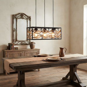 Nouveau produit : Suspension rectangulaire double couche en corde ondulée, 3 lumières, style ferme - Product Image 3