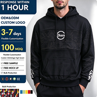 Sweat-shirt à capuche pour homme, noir, avec empiècements jacquard, logo circulaire imprimé, poche kangourou, manches longues, style streetwear, OEM ODM, vente en gros