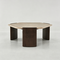 Table basse hexagonale moderne en travertin OAKEN, plateau en pierre naturelle, base en bois massif, table centrale, meubles de salon