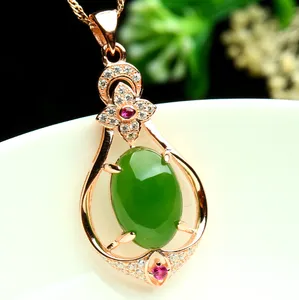 Silver plated rose gold inlaid jade pendant fashion women Hotan jade necklace