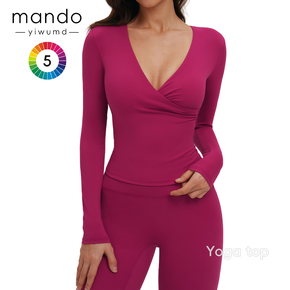 Women's Cross V-Neck Long Sleeve Yoga Top with Built-In Bra Suitable for Gym Workouts