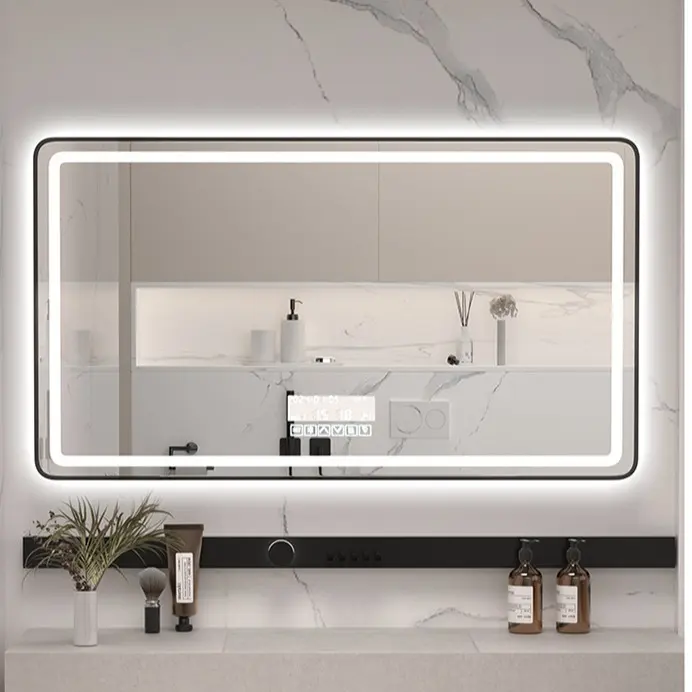 مرآة حمام بمظهر فاخر بإضاءة LED بتصميم ذكي مع خاصية Bluetooth ومضادة للضباب، مرآة ثنائية الاتجاه