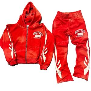 Conjunto de Sudadera y Pantalones Deportivos para Hombre, Estilo Urbano, Lavado Ácido, Vintage, con Parches Desgastados, Pantalones Acampanados, Sudadera con Capucha y Cremallera, para Invierno - Product Image 1