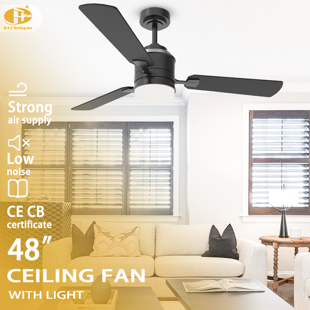 Phufan Modern Metal Plywood LED Ceiling Fan DC Motor 3 Blades 48" Remote Control 6-Speed Low Noise 10-Year Motor Living Room