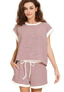 Ensemble deux pièces rayé d'été personnalisé pour <span class=keywords><strong>femme</strong></span> : haut à manches courtes et col rond, <span class=keywords><strong>short</strong></span> à taille élastiquée – Fabricant - Product Image 5