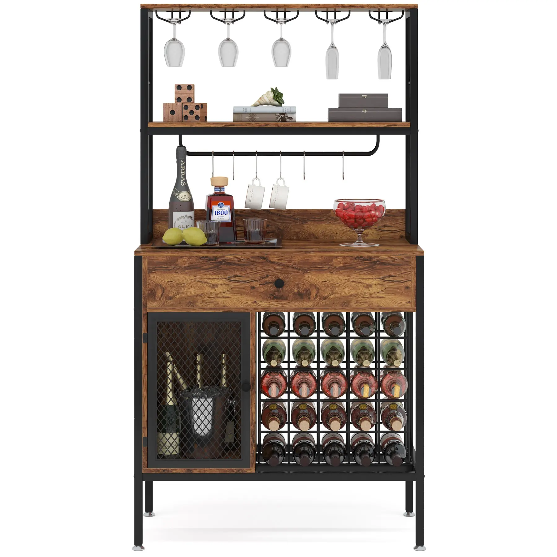Tribesigns Hoekwijnrek met glazen houder en opbergplanken, 4-laags hoekbar, vrij Tribesigns Hoekwijnrek met glazen houder en opbergplanken, 4-laags hoekbar, vrij
