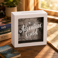 Kotak pajangan kayu handmade Adventure Fund White Shadow Box dengan bingkai kayu dan logo custom untuk penggunaan di rumah & kantor