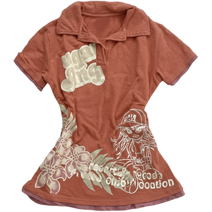 Chemise d'été en coton noir imprimé pour femmes avec motif floral et dessin animé, manches courtes, haut décontracté - Product Image 1