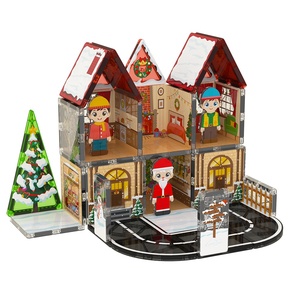 Ensemble de blocs de construction magnétiques sur le thème de Noël, maison de poupée enneigée d'hiver avec figurine de Père Noël et arbre de Noël - Product Image 1