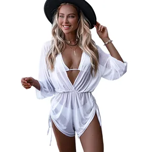 2022 verão branco renda cintura alta t mulheres transparente preto transparente roupa camisa praia vestido sexy biquíni de três peças