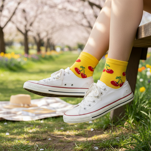 Breathable Yellow Ankle Socks Cherry <b>Pattern</b> Embroidery Floral <b>Animal</b> Print <b>Knitted</b> Nylon <b>for</b> Daily Use One Size Fits All - Product Image 3