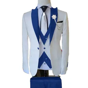 Traje de boda de novio de 3 piezas para hombre, diseño de moda, chaqueta de negocios blanca, chaleco, pantalones azul real, esmoquin