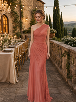 Robe de soirée longue en mousseline corail, asymétrique à une épaule, froncée avec appliques en dentelle, drapée, pour invitée de mariage et soirée, vente en gros