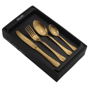 Italy Design Handmade Forged Steel 18/10 Airline Silverware Champagne Gold Embossed Cutlery Set