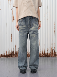 GOODLIVABLE 128oz 3D Cat-Belly Honeycomb Washed Distressed Denim Vintage Mid-Waist Spring Loose Straight-Leg Pants - Product Image 1