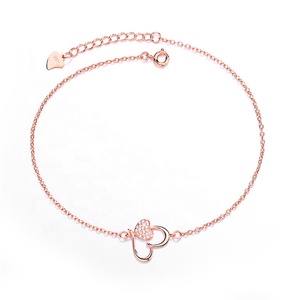 2025 Hot Selling 925 Sterling Silver Summer <strong>Anklet</strong> Double Heart Shape Rose Gold Handmade <strong>Anklet</strong> <strong>Bracelet</strong> for Women Gifts - Product Image 2
