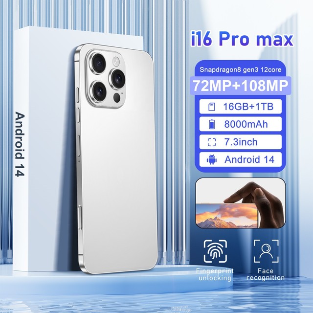 2026 New 16 Pro Max Smartphone 5G Dual SIM Octa-Core 16GB+1TB Large Screen 108MP Rear Camera OLED 120Hz Multilingual French