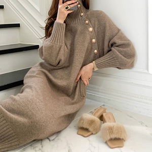 Nuovo Design all'ingrosso da donna a manica lunga abito in maglia con pulsante cintura stile francese elegante tinta unita <span class=keywords><strong>maglione</strong></span> Casual abito <span class=keywords><strong>lungo</strong></span> - Product Image 2