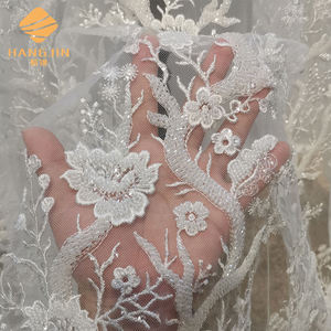 Tela de encaje para boda, tejido bordado blanco con cuentas hechas a mano - Product Image 1