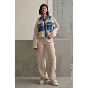 Conjunto de pantalones cortos y top corto sexy de mezclilla beige al por mayor con ribete, estilo vintage modesto para fiesta/vacaciones, con técnica de lavado bordado y cinturón. - Product Image 5