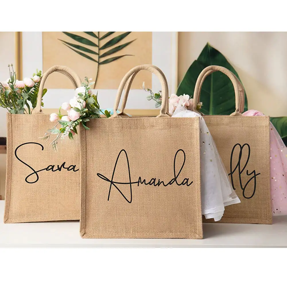 Etichetta personalizzata fashion ladies sac en juta picnic gusset lino juta shopper laminato shopping tote bags