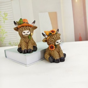 Cross-Border Independence Day Floral Pattern Highland Cow Yak Resin Craft Ornament Home Garden Desktop Decoration Gift