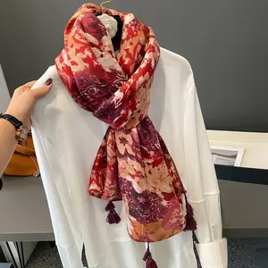 High Quality Soft Viscose Cotton Printed Scarves With Hand-Tassels Spring Summer Red Purple Floral Beach Shawls For Women Hijab