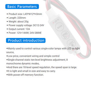 Heißer Mini-LED-Controller DC 12 V 24 V 12 A Konstante Spannung PWM 1-Kanal einfarbige Streifenleuchten 2-Stick-Lötkabel 3-Schlüssel-Dimmer - Product Image 3