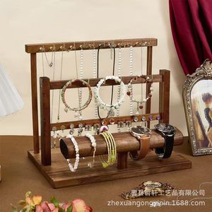 Exhibidor de Joyería de Madera Sólida de Varias Capas con Almacenamiento para Pulseras, Collares y Relojes, Organizador de Escritorio de 3 Niveles de Bambú - Product Image 1