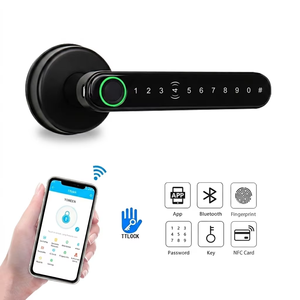 Kunci Pintu Keamanan Wifi APP Ble Ttlock, Kunci Gagang Sidik Jari Pintar Elektronik dengan Kode, Paduan Seng Hitam untuk Pintu Kayu, Cloud 35-55mm - Product Image 1
