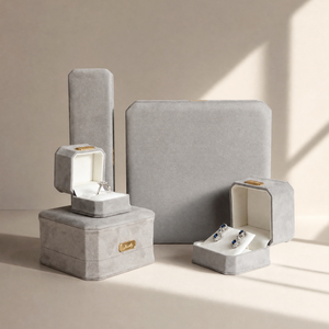 Zebopak Grey Velvet Engagement <b>Ring</b> <b>Box</b> Set with Earring Necklace Bracelet Gold Metal Label Storage Case Manufacturer - Product Image 1