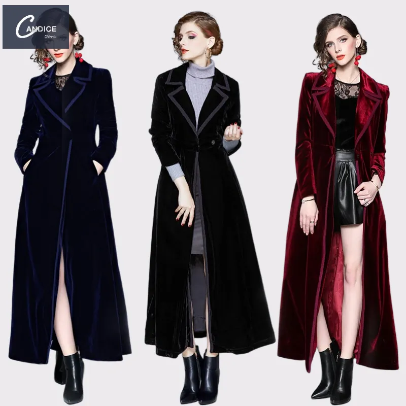 Candice elegant style European American winter windbreaker velvet long black dress trench coat women