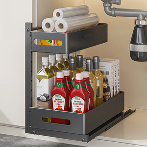 Lot de 2 paniers coulissants multi-usages à hauteur réglable à 2 niveaux, organisateur <span class=keywords><strong>sous</strong></span> l'évier de cuisine en métal, étagères coulissantes en acier - Product Image 3