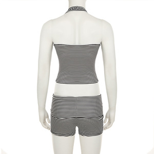 Viviblook Z0207ST Traje deportivo de verano para mujer, chaleco halter a rayas en blanco y negro, pantalones cortos, conjunto de dos piezas - Product Image 6