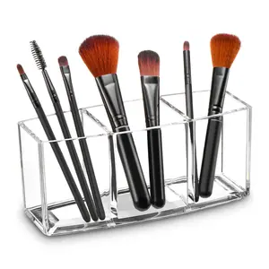 Clear Makeup Brush Holder Organizer 3 Slot Acrylic Cosmetic Brushes Eyeliners Eyebrow Pencil Display Case