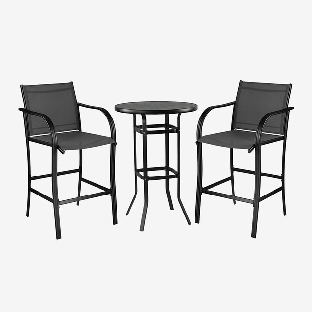3pc Bar Height Patio Bistro Set, Round Top Pub Table & 2 Armrest Breathable Fabric Bar Stools Black Outdoor Garden Set