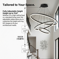 Lustre LED moderne de luxe 40 60 80cm à 3 anneaux 80W avec télécommande sans fil, en aluminium noir, intensité variable, hauteur réglable