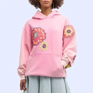 Streetwear de couleur unie personnalisé Pullover Sweat-shirt à capuche à manches longues avec logo brodé pour les femmes